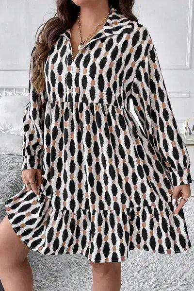Plus Size Printed Johnny Collar Long Sleeve Dress - Clothes For Her Online Store
