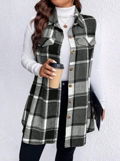 Honey Plus Size Pocketed Plaid Button Up Vest Coat - Clothes For Her Online Store