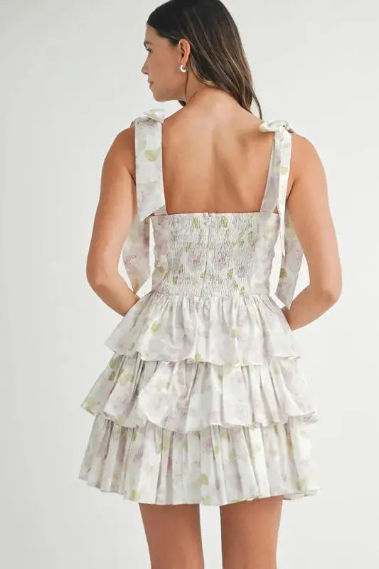 MABLE Floral Print Shoulder Tie Layered Mini Dress - Clothes For Her Online Store