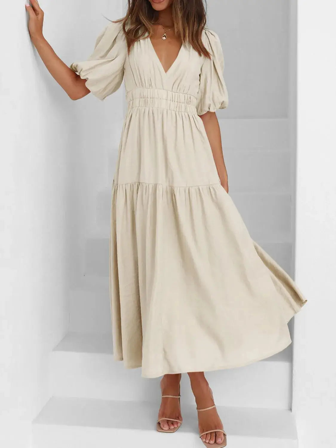 V-Neck Puff Sleeve Midi Dress - Clothes For Her Online Store