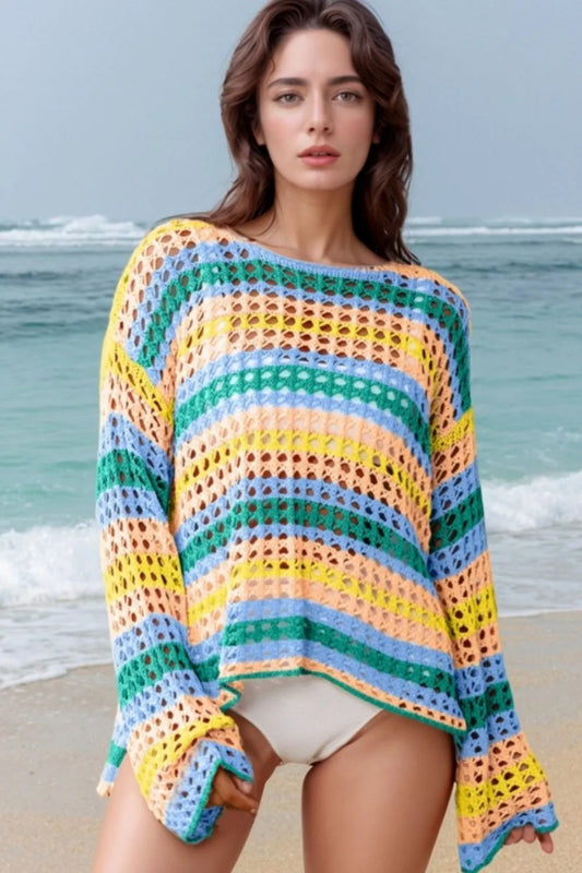 Openwork Round Neck Long Sleeve Knit Cover Up