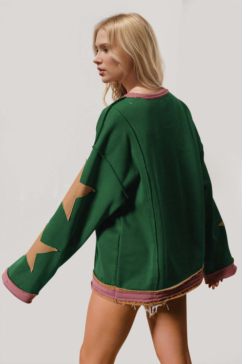 Double Take Star Patched Long Sleeve Sweatshirt - Clothes For Her Online Store