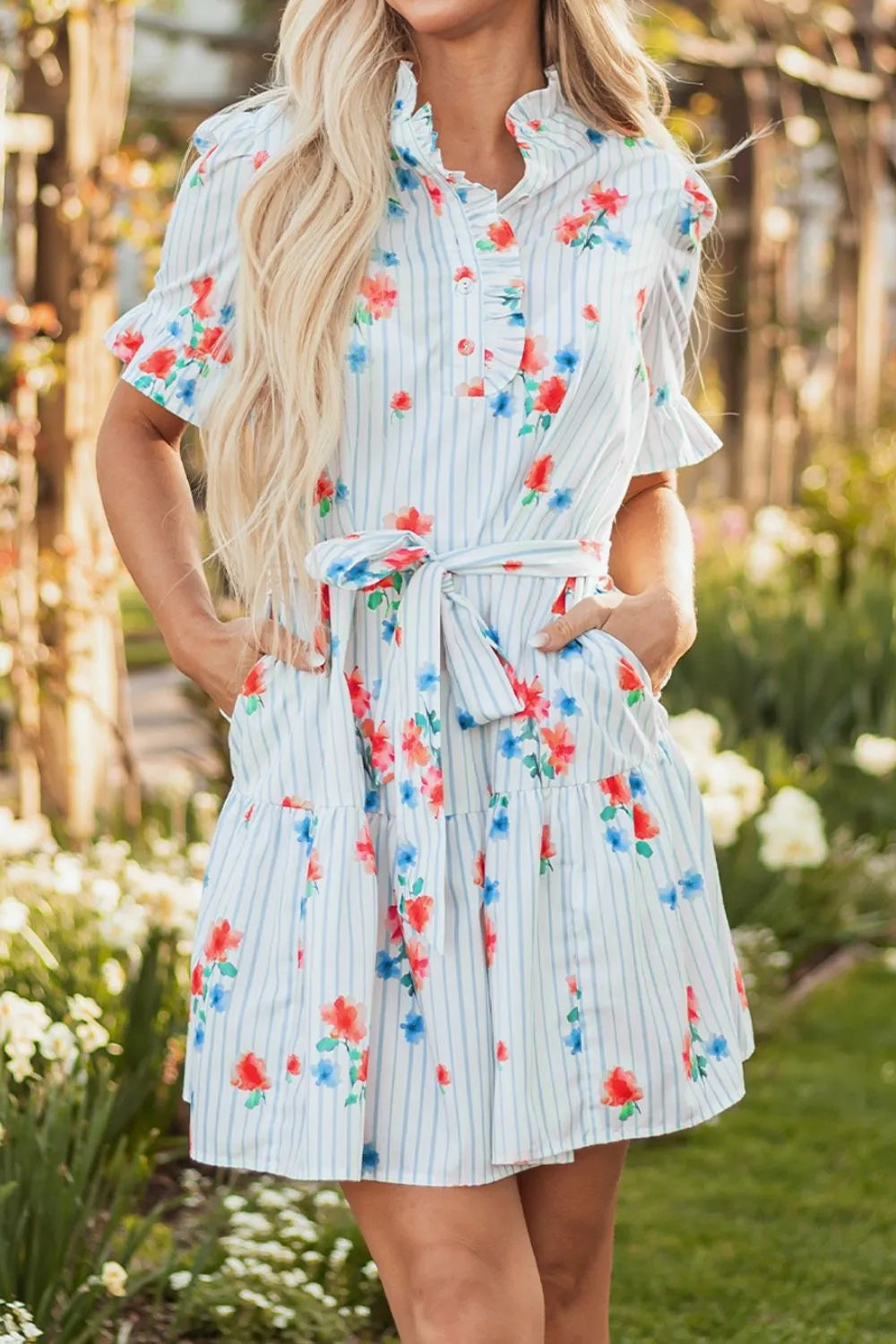 Stripe Floral Pattern Ruffle Short Sleeve Belted Mini Dress