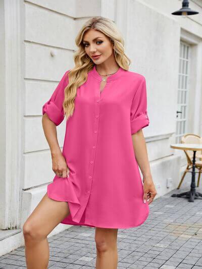 Notched Long Sleeve Mini Shirt Dress