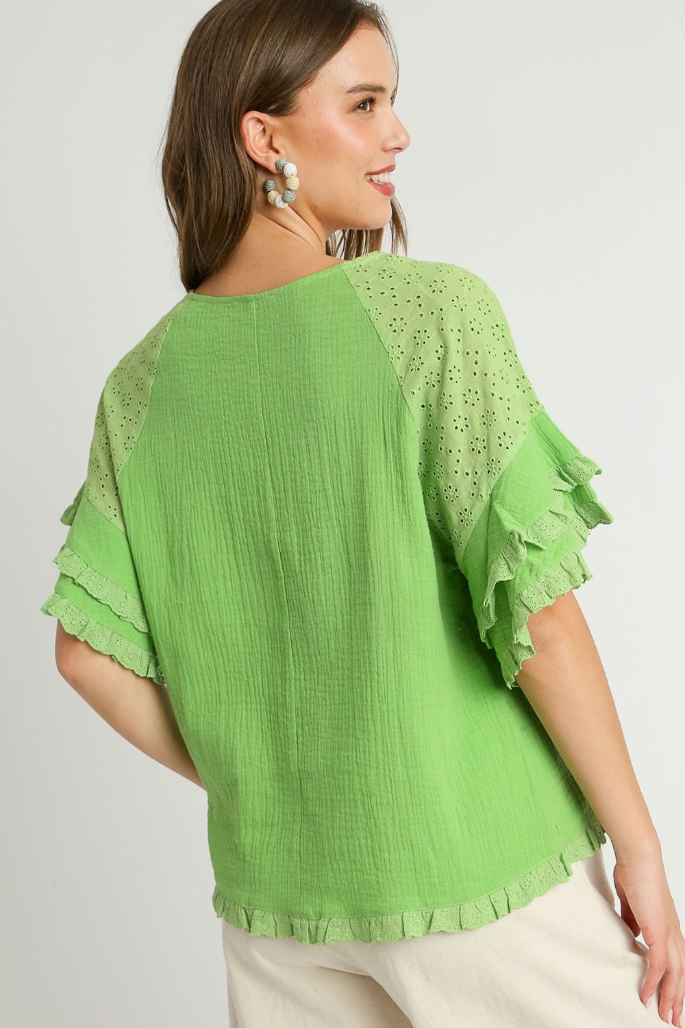 Umgee Full Size Cotton Gauze Round Neck Ruffle Eyelet Layered Sleeve Blouse Plus Size - Clothes For Her Online Store