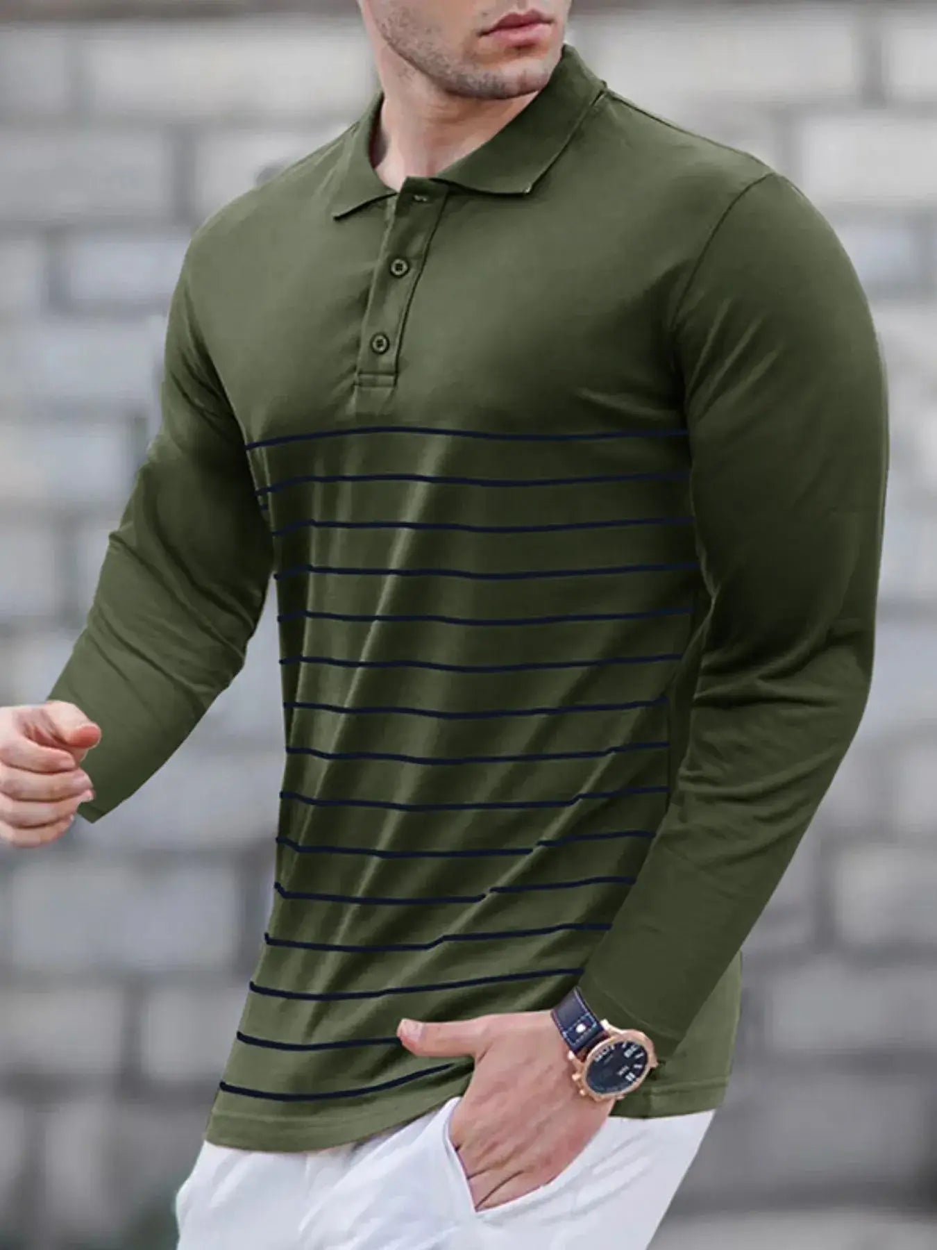 Men's Striped Long Sleeve Polo Shirt