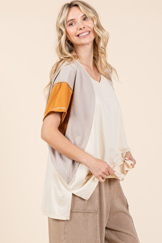 Mittoshop Color Block V-Neck Short Sleeve T-Shirt - Clothes For Her Online Store