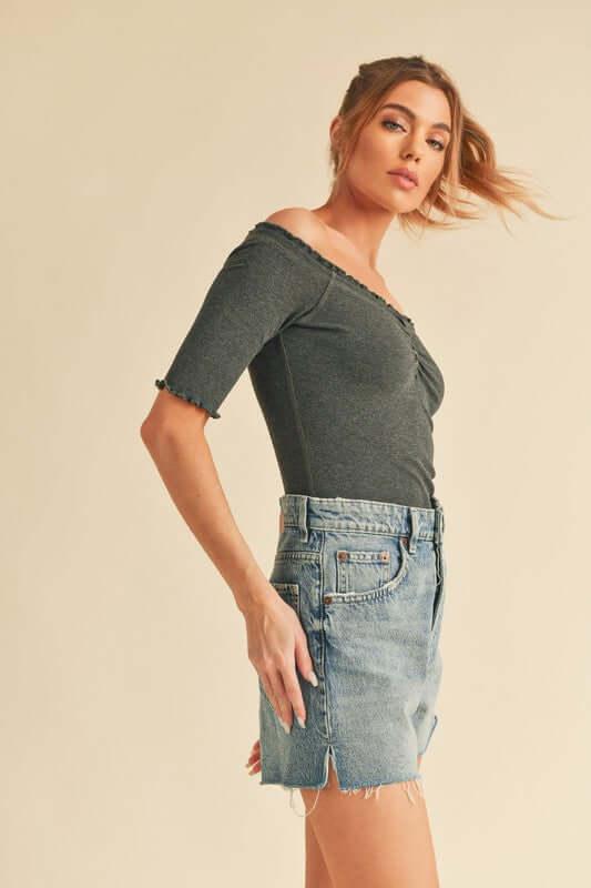 Aemi + Co Ruched Frill Off-Shoulder Half Sleeve Knit Top