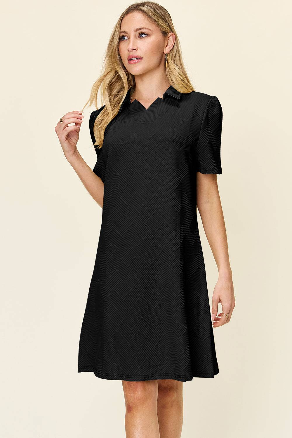 Double Take Full Size Texture Collared Neck Short Sleeve Dress - Clothes For Her Online Store
