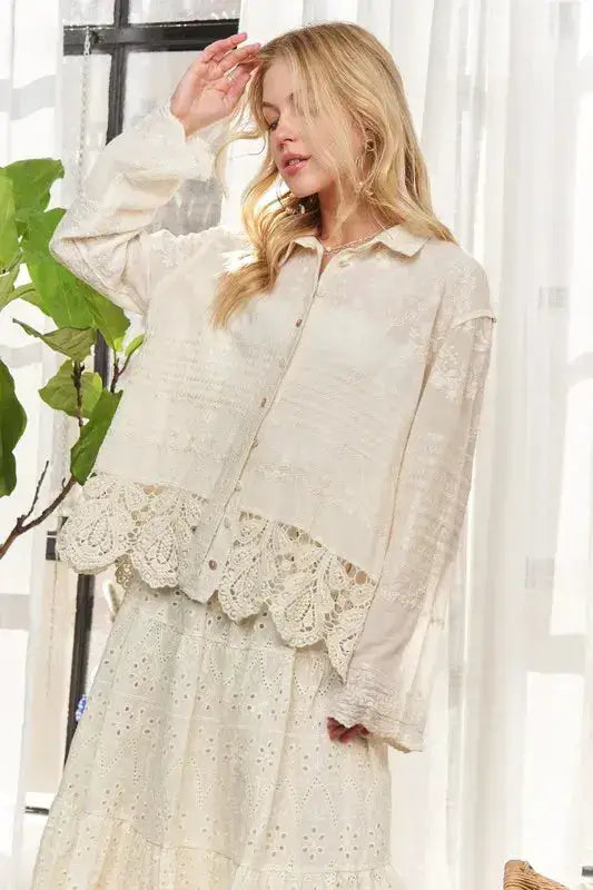 ADORA Crochet Lace Long Sleeves Button Down Shirt - Clothes For Her Online Store