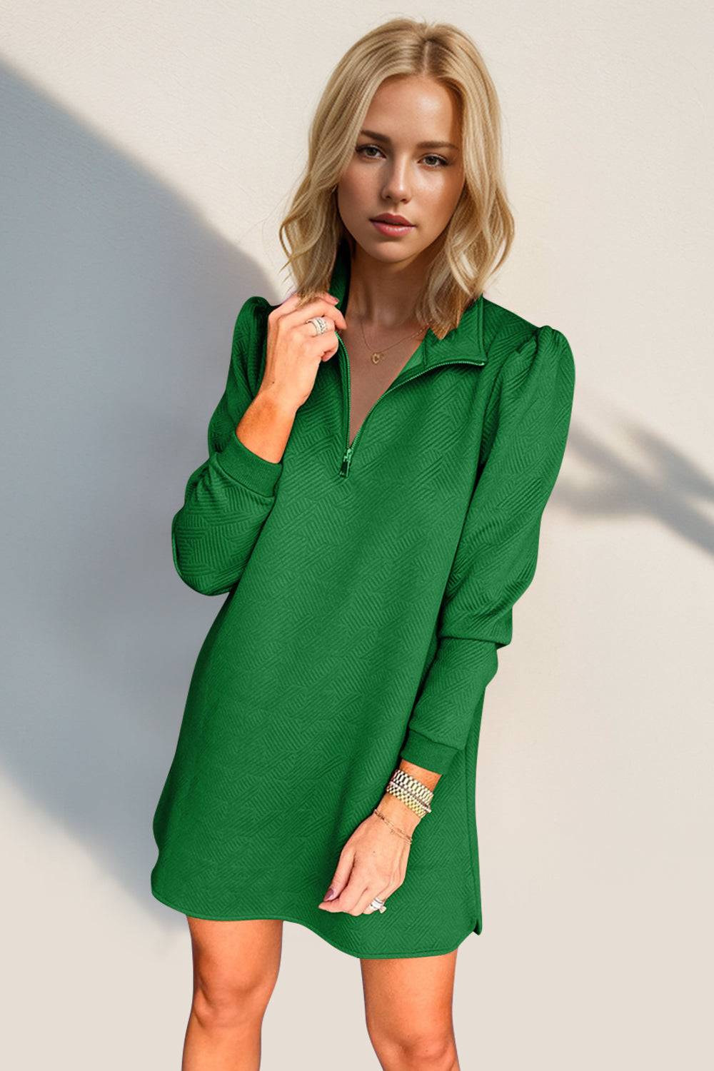 Double Take Textured Quarter Zip Long Sleeve Dress - Clothes For Her Online Store