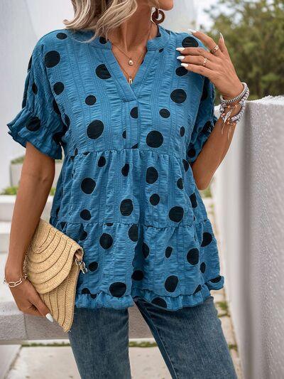 Perfee Polka Dot Notched Short Sleeve Shirt - Clothes For Her Online Store