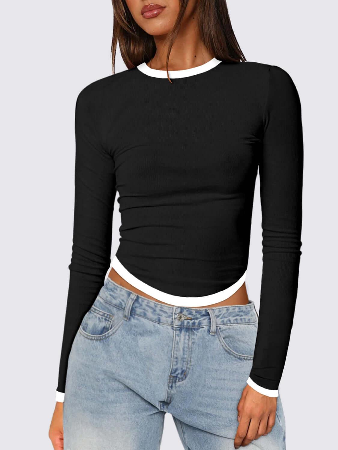 Contrast Trim Round Neck Long Sleeve T-Shirt