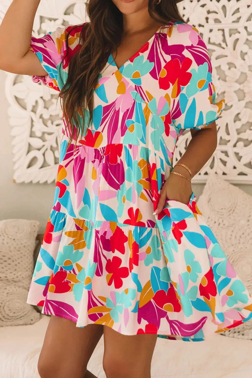 Floral Bubble Sleeve V Neck Tiered Ruffle Babydoll Dress - Clothes For Her Online Store