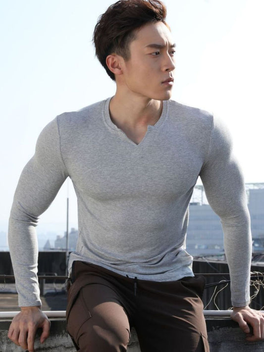 Men's Plus Size Notched Long Sleeve T-Shirt