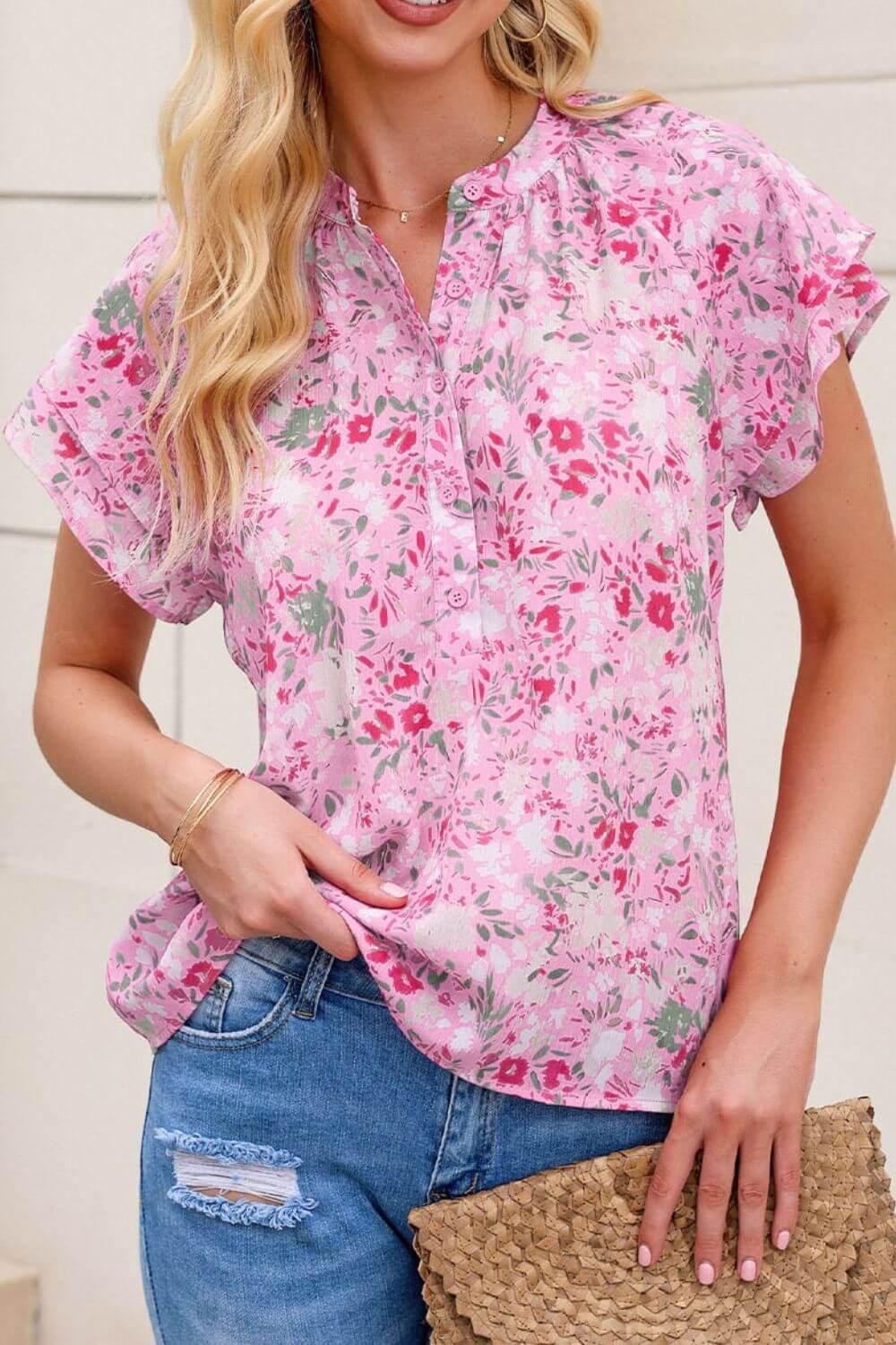 Floral Half Button Round Neck Short Sleeve Blouse