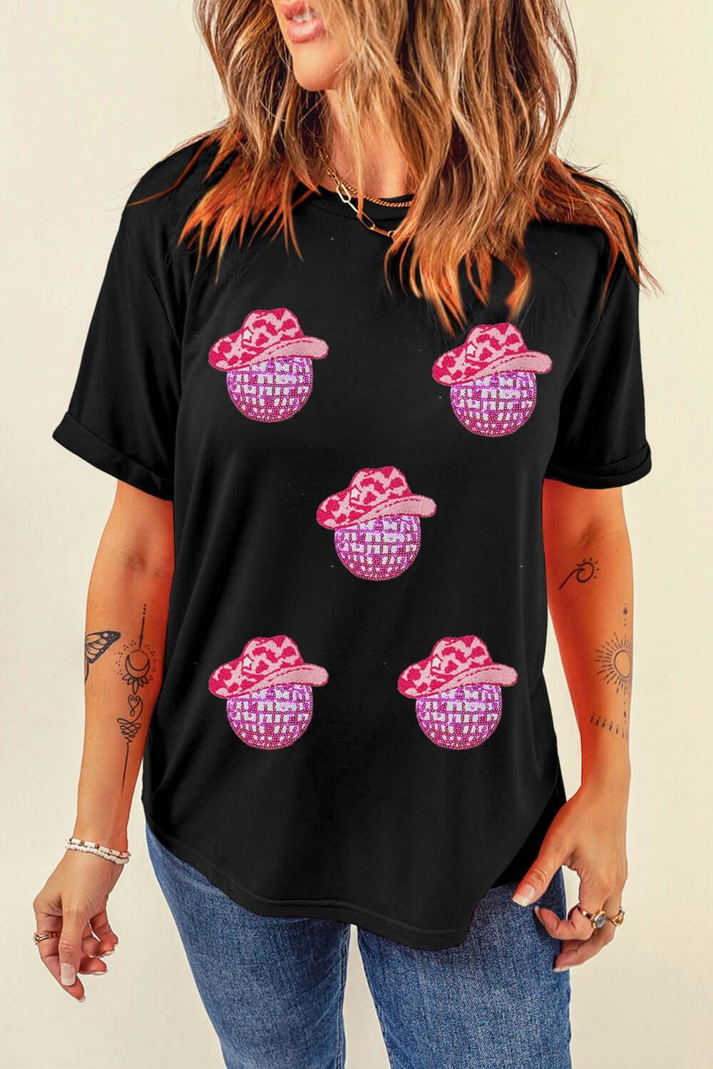 Cowboy Hat Disco Ball Patched Round Neck T-Shirt