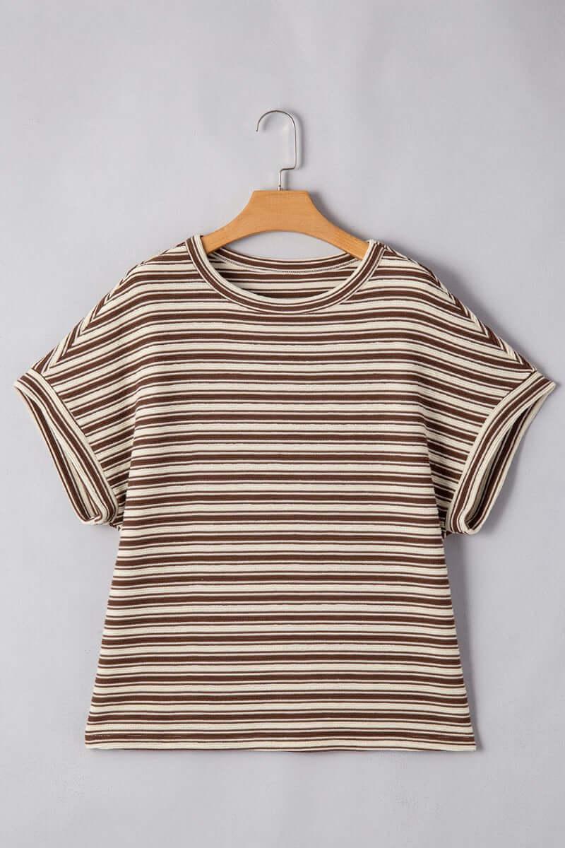 Stripe Textured Side Slit Crew Neck T-Shirt