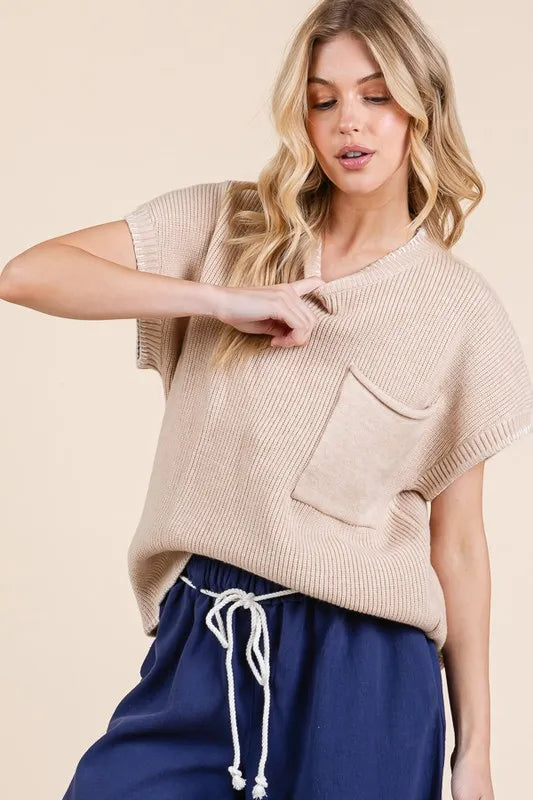 Lime 'N' Chili Solid Cap Sleeve Stitch Edge Knit Sweater