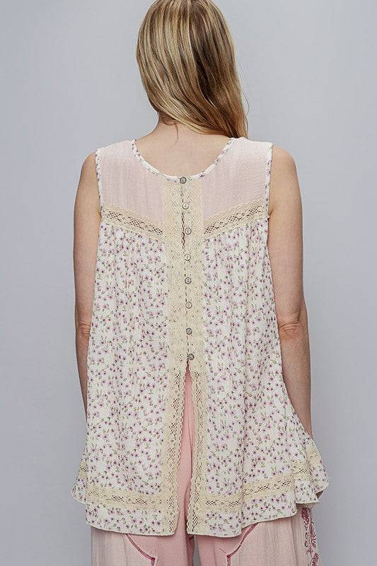 POL Lace Detail Floral Round Neck Sleeveless Top