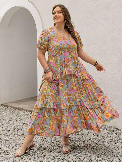 Plus Size Printed V-Neck Short Sleeve Maxi Dress - Clothes For Her Online Store