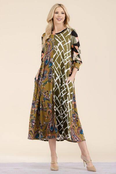 Celeste Full Size Paisley Contrast Tent Midi Dress Plus Size