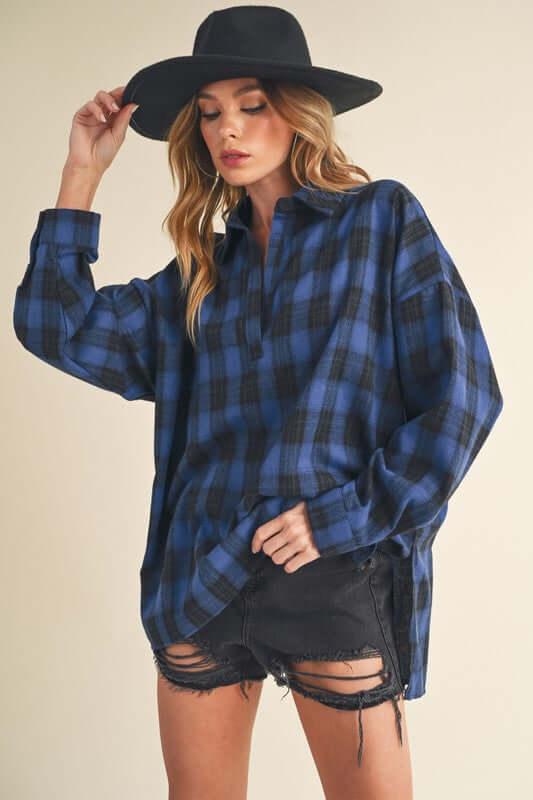 Aemi + Co Side Slit High-Low Plaid Long Sleeve Polo Shirt