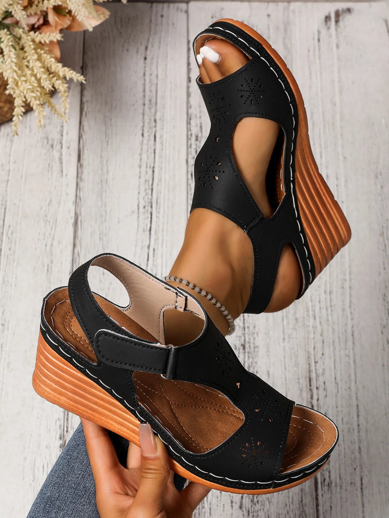 Perforated Wedge Sandals with Ankle Strap