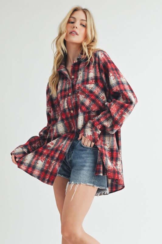 Aemi + Co Washed Plaid Button Up Raglan Sleeve Flannel Shirt