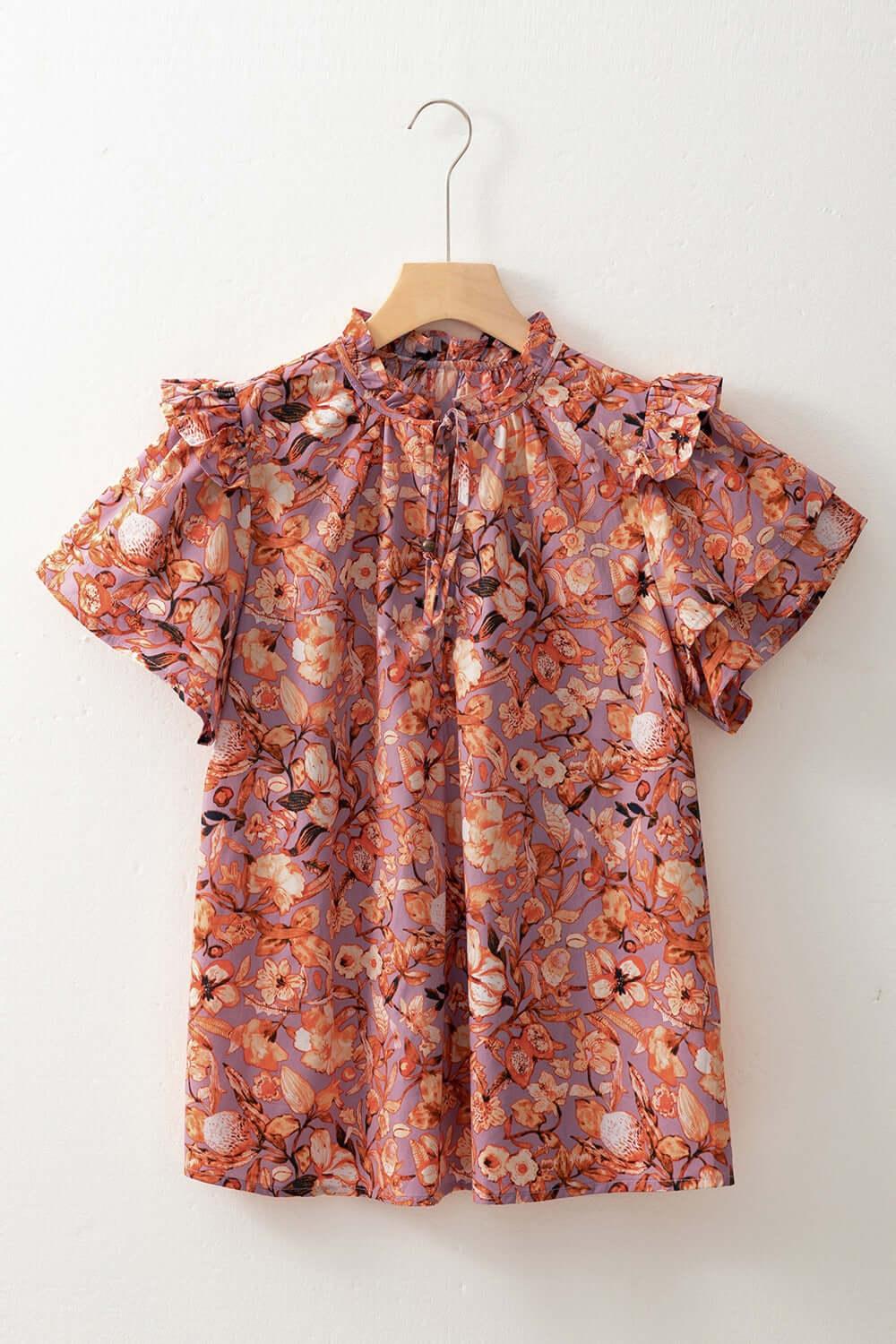 Floral Ruffled Layered Short Sleeve Tie Neck Blouse