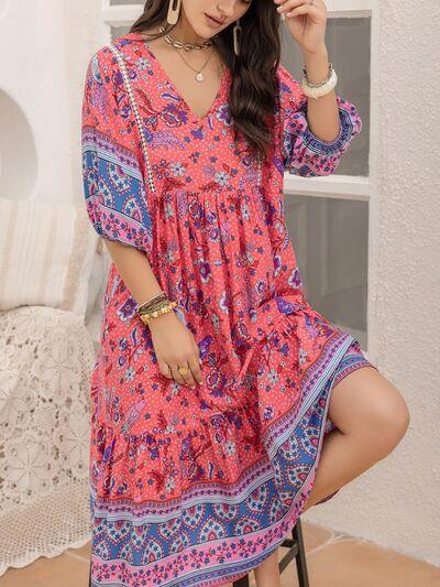 Printed Puff Sleeve Midi Dress