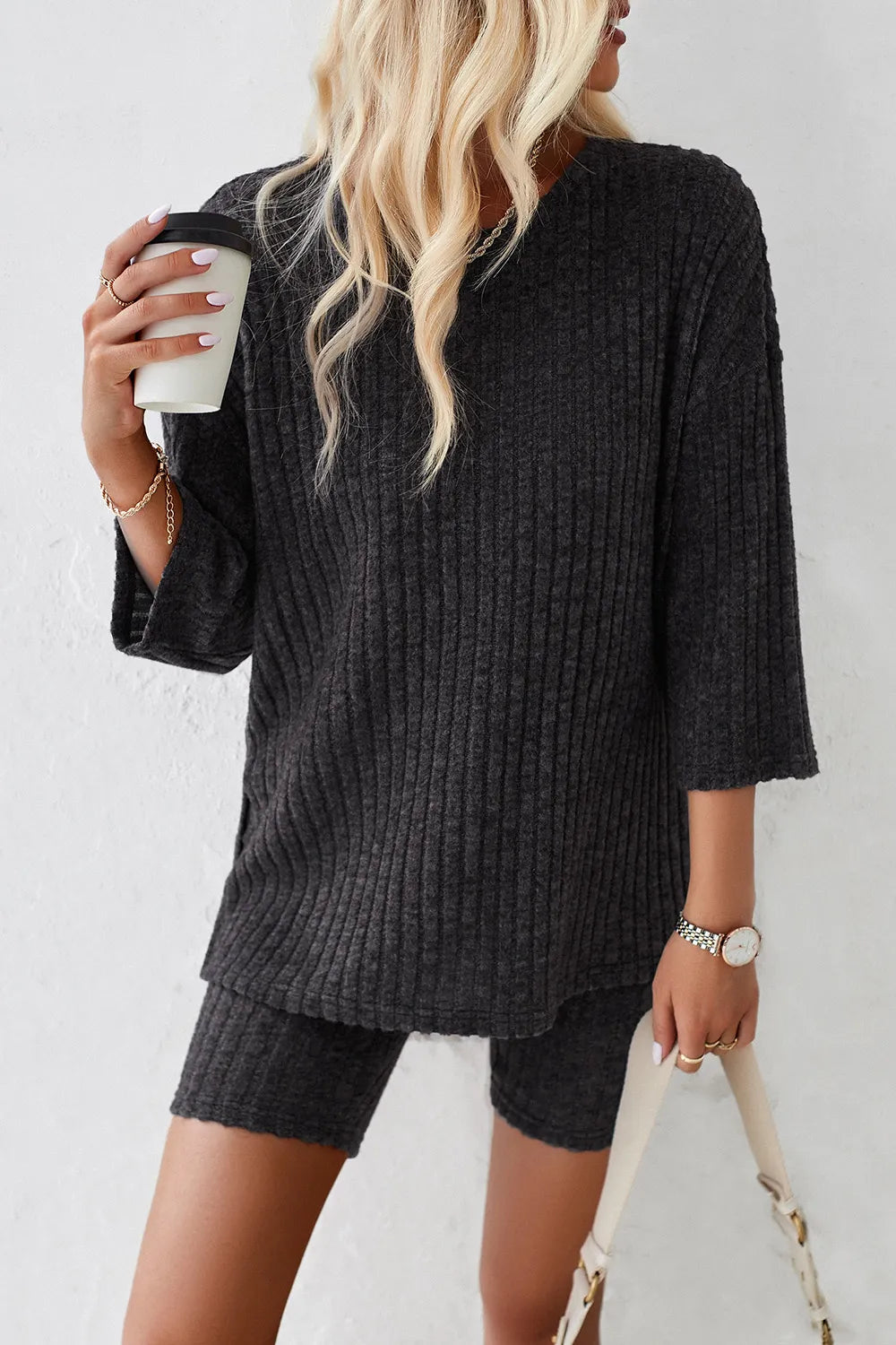Devine Ribbed Round Neck Top and Shorts Set - Clothes For Her Online Store