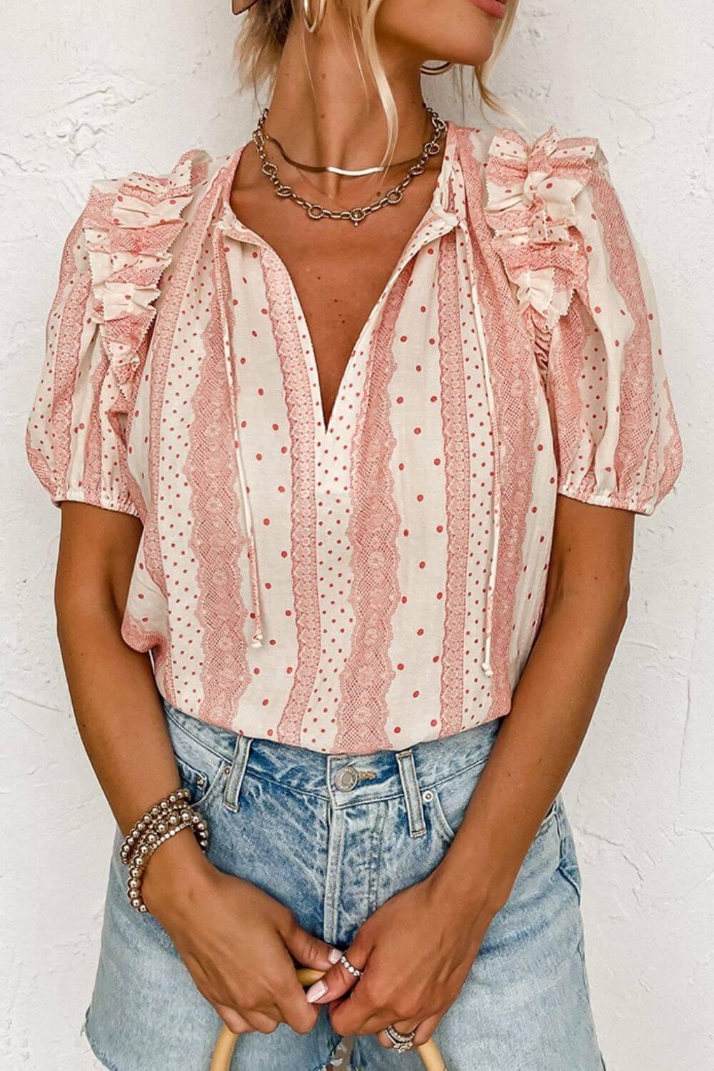 Frilled Short Puff Sleeve Mixed Print Blouse