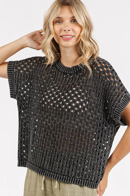 Mittoshop Mineral Wash Openwork Short Sleeve Knit Cover Up