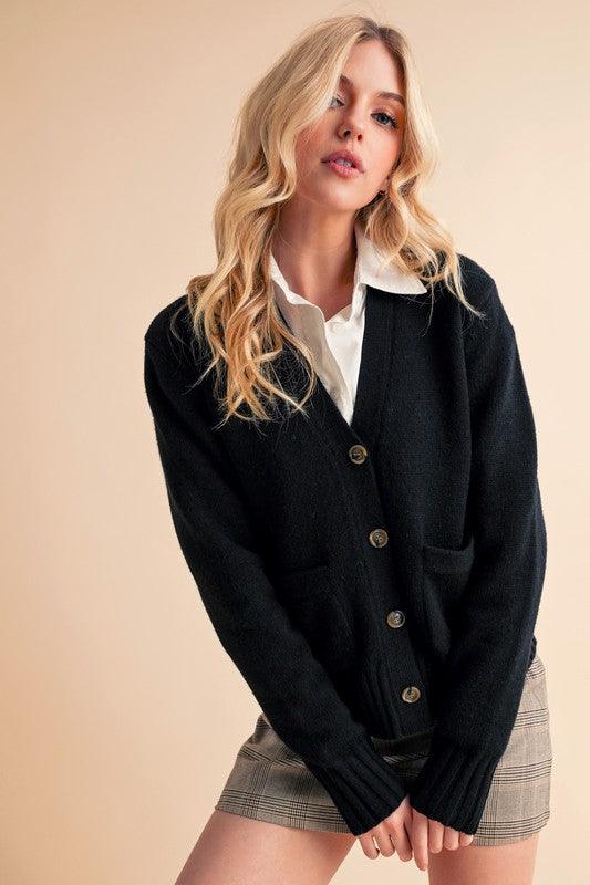 Aemi + Co Ribbed Hem Button Down V-Neck Cardigan