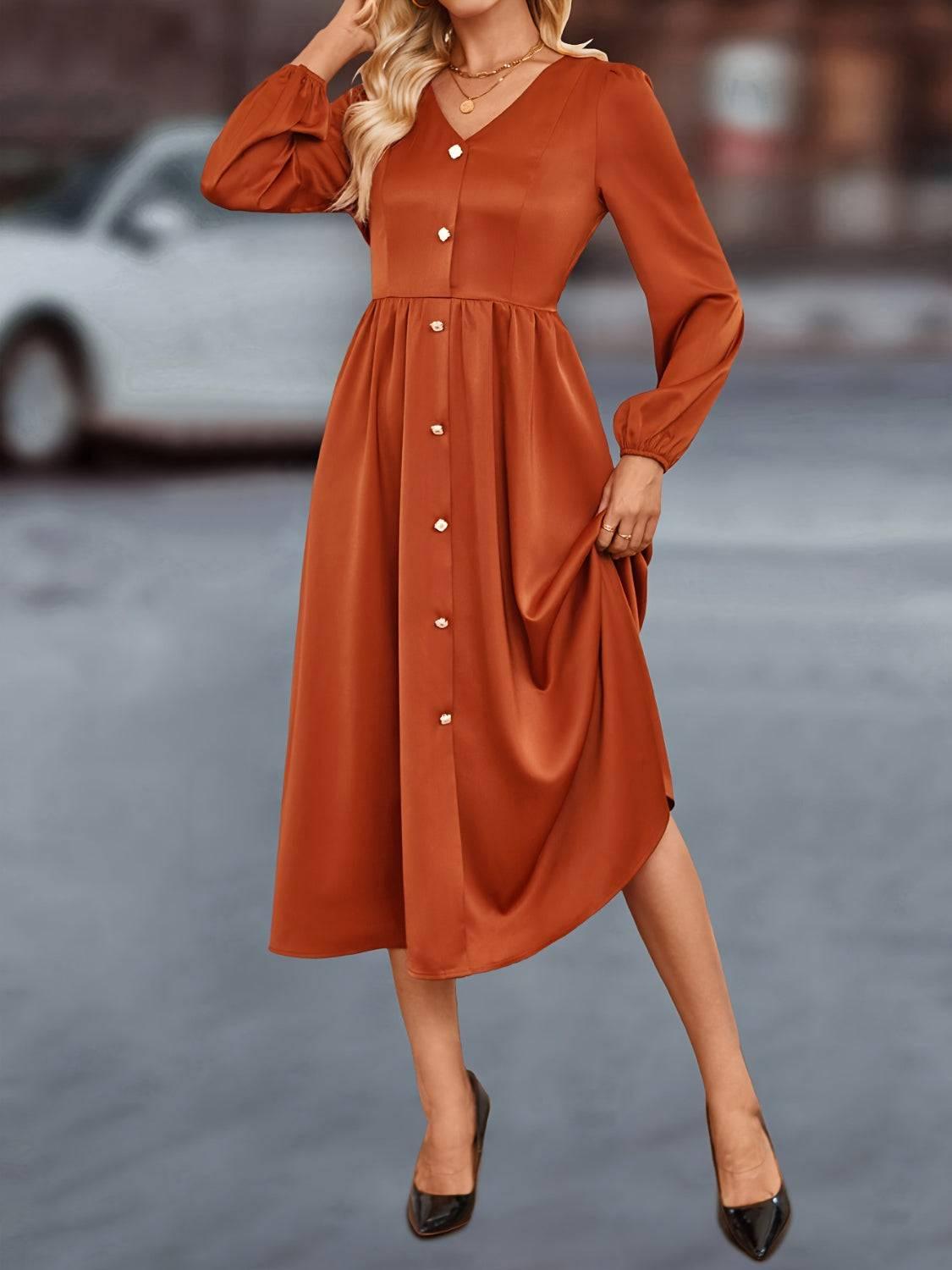 V-Neck Balloon Sleeve Midi Dress