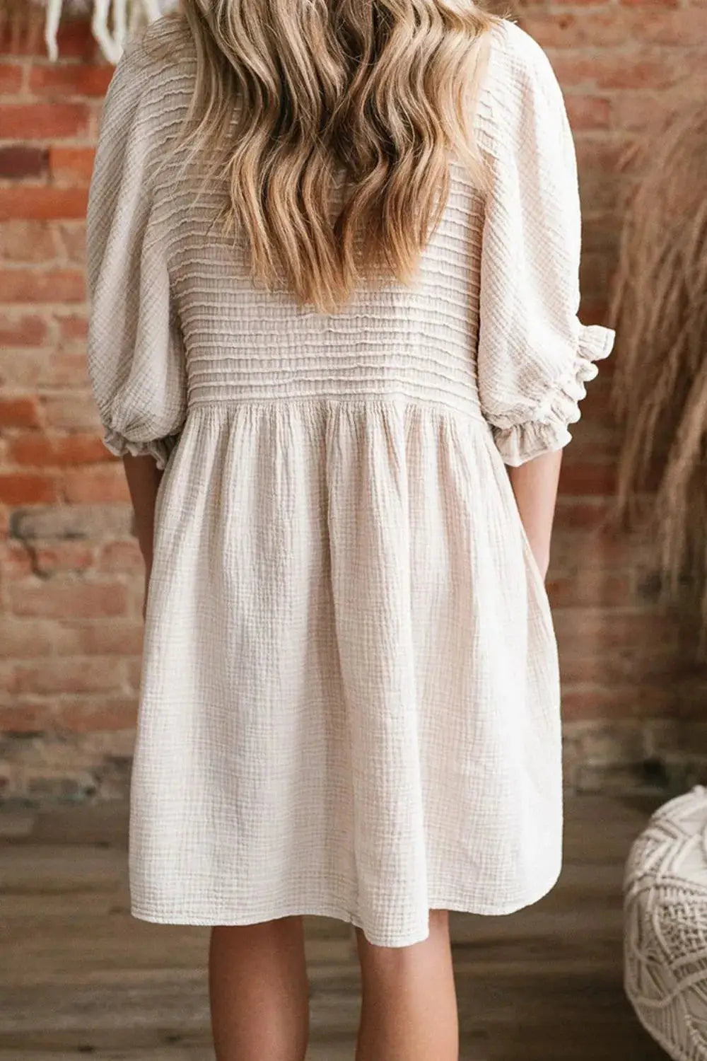 Textured Ruffled Puff Sleeve Loose Dress - Clothes For Her Online Store