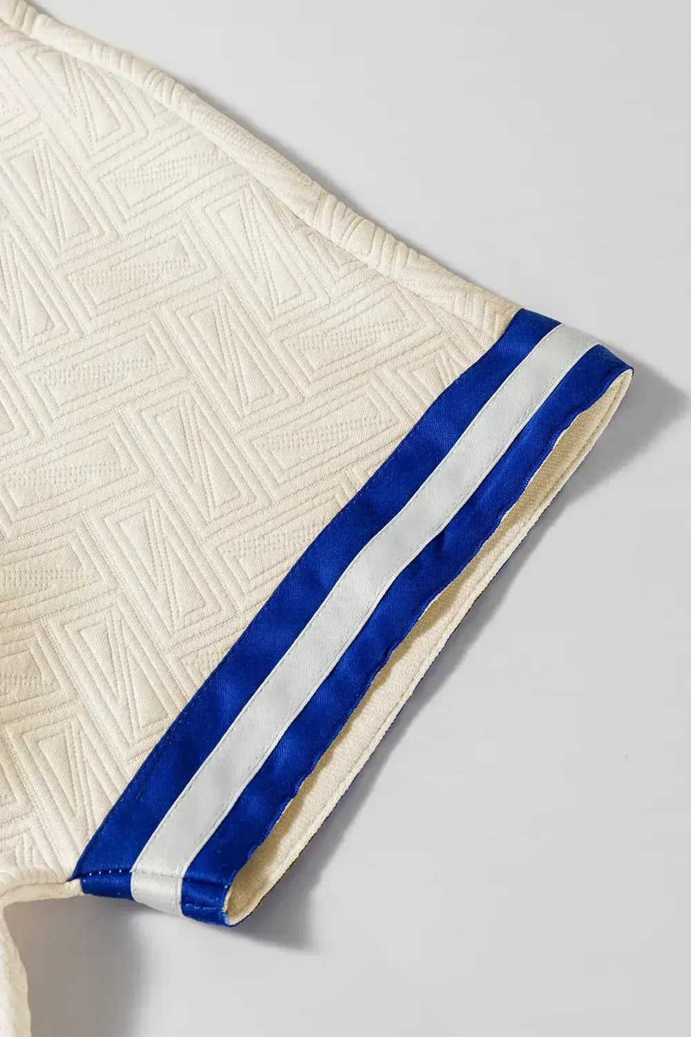 Striped Trim Textured Quarter Zipper Short Sleeve Top - Clothes For Her Online Store