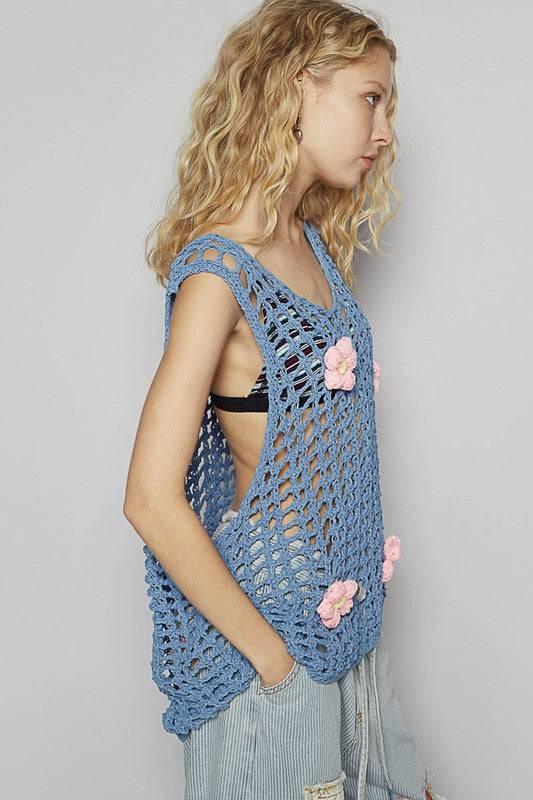 POL Flower Crochet Scoop Neck Sleeveless Knit Cover Up