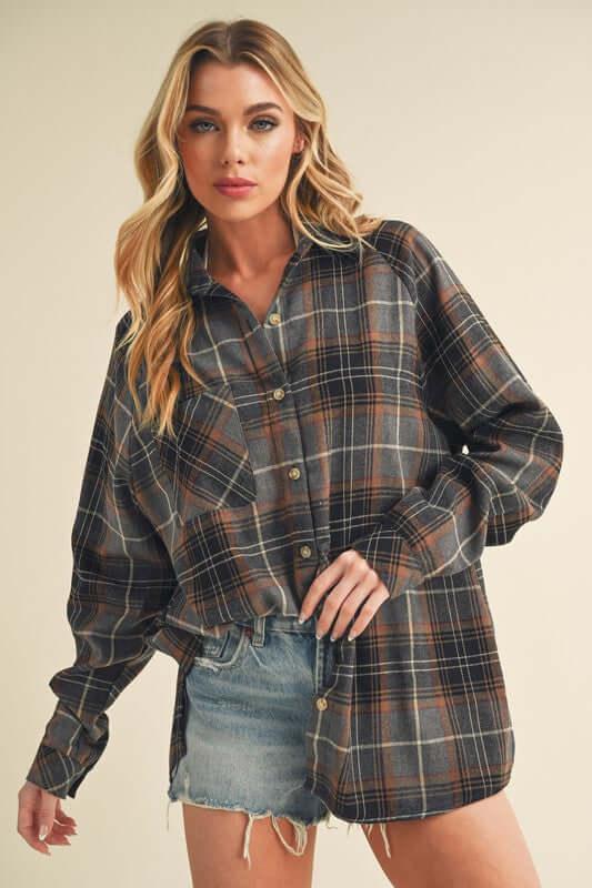 Aemi + Co Flannel Plaid Button Up Raglan Sleeve Shirt