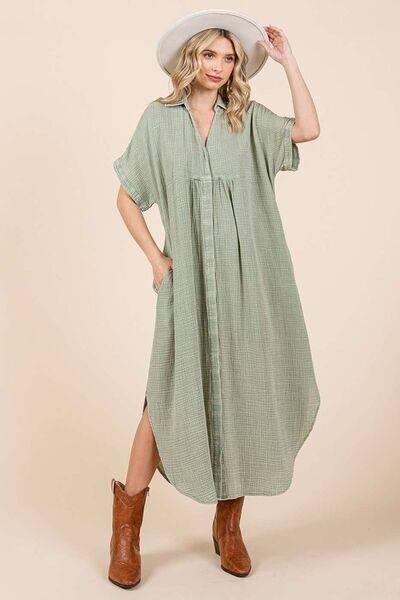 Mittoshop Mineral Wash V Neck Button Up Midi Shirt Dress