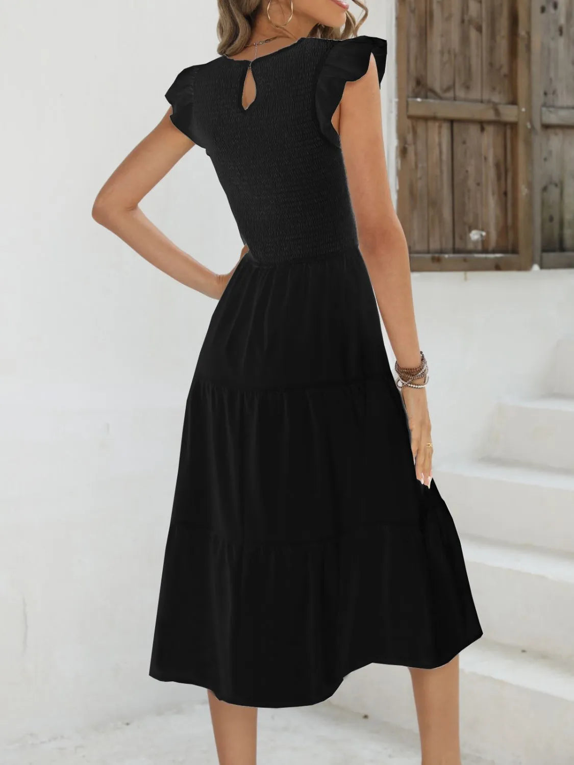 Ruffled Round Neck Cap Sleeve Dress