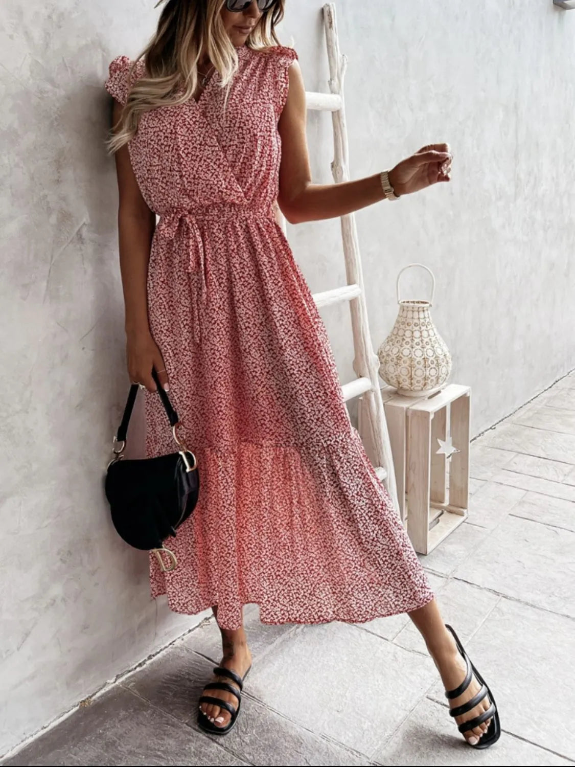 Ruffled Surplice Printed Cap Sleeve Dress