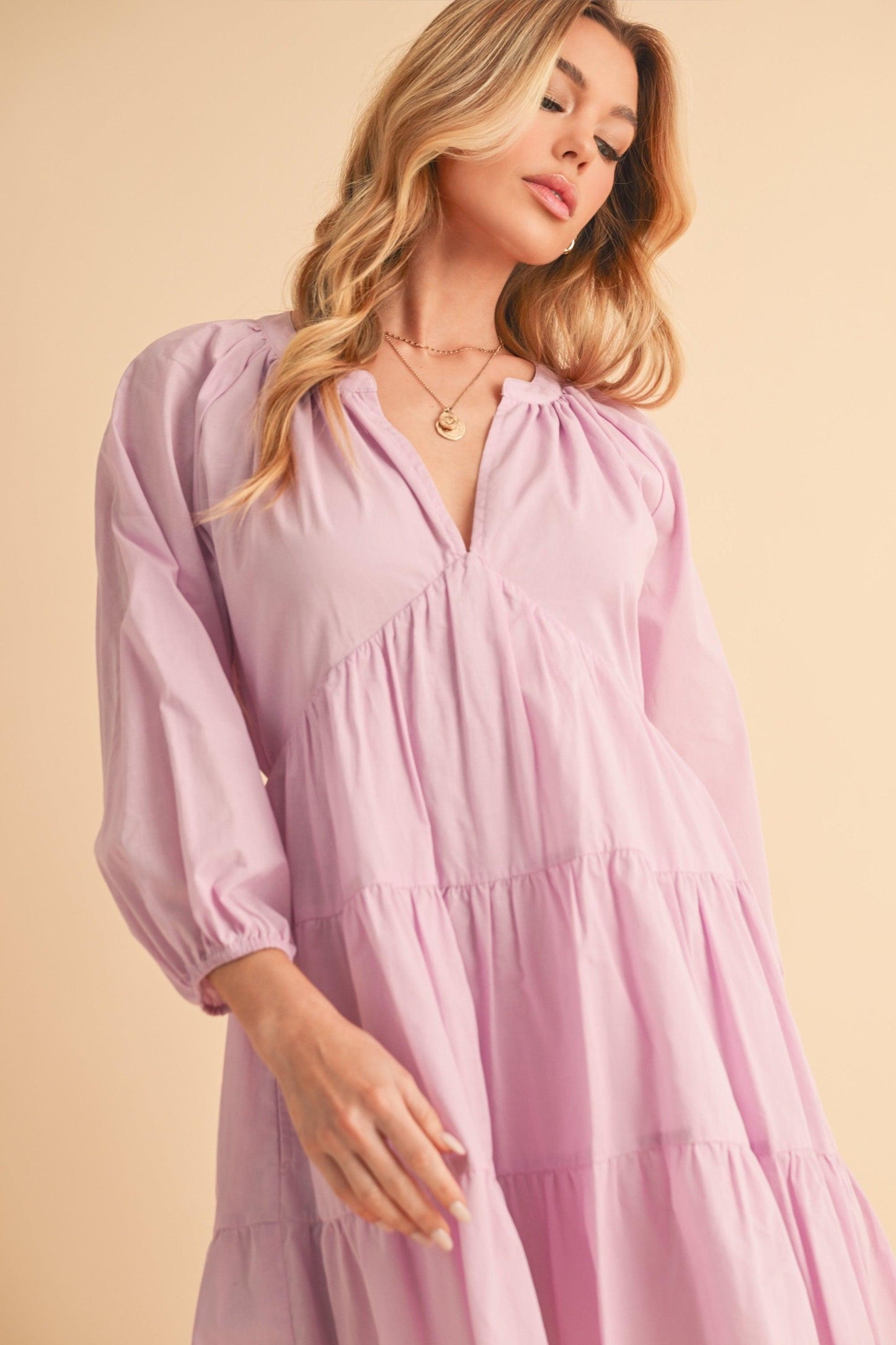 Aemi + Co Notched Balloon Sleeve Tiered Mini Dress