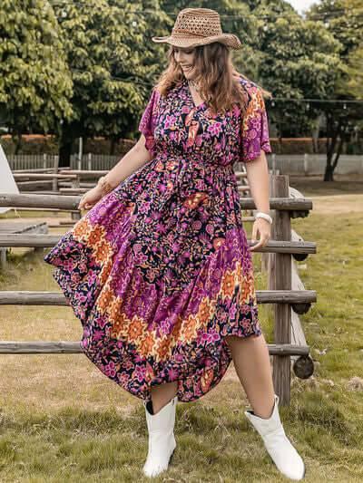 Plus Size Printed V-Neck Flutter Sleeve Midi Dress