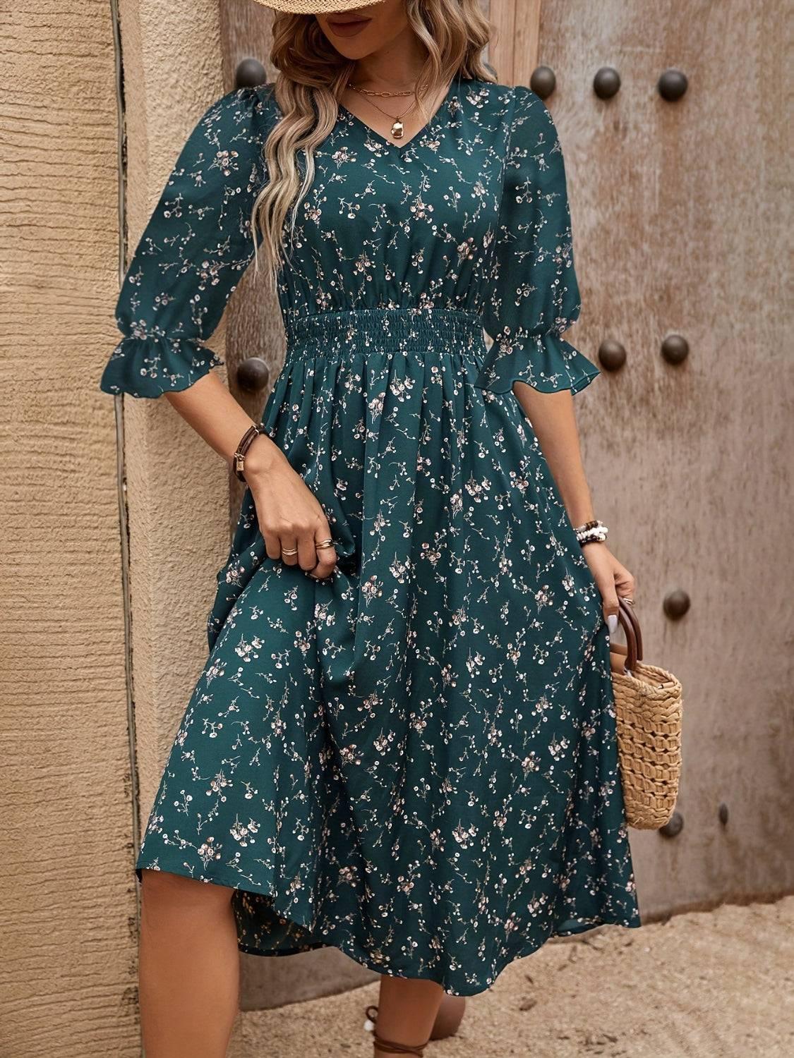 Smocked Waist Floral Flounce Sleeve Midi Dress