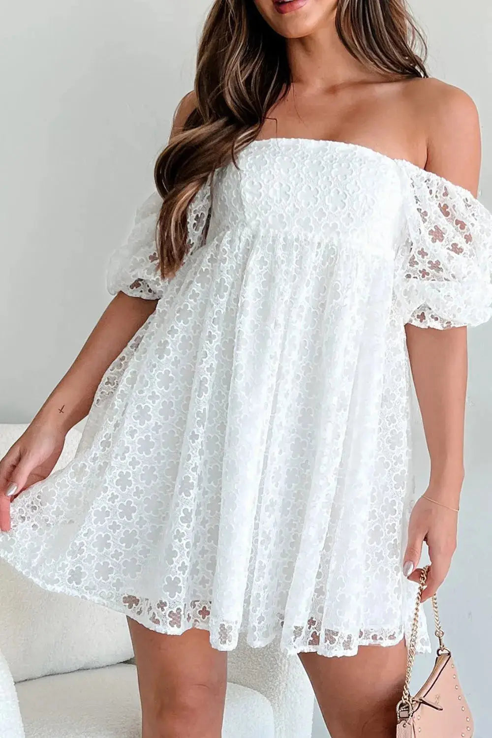 Lace Puff Sleeve Empire Waist Mini Dress - Clothes For Her Online Store