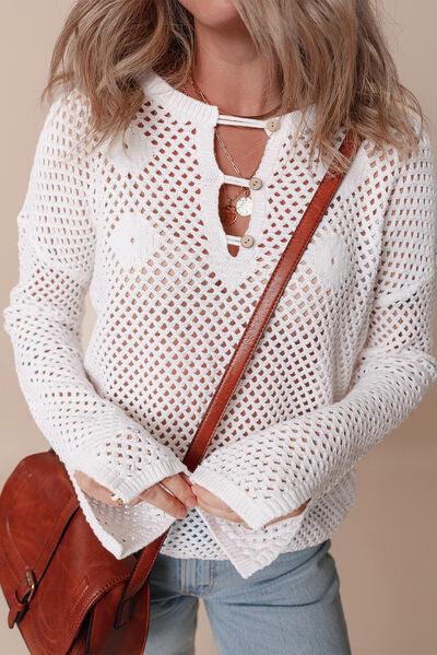 Hollow Out Long Sleeve Knit Cover Up - Clothes For Her Online Store