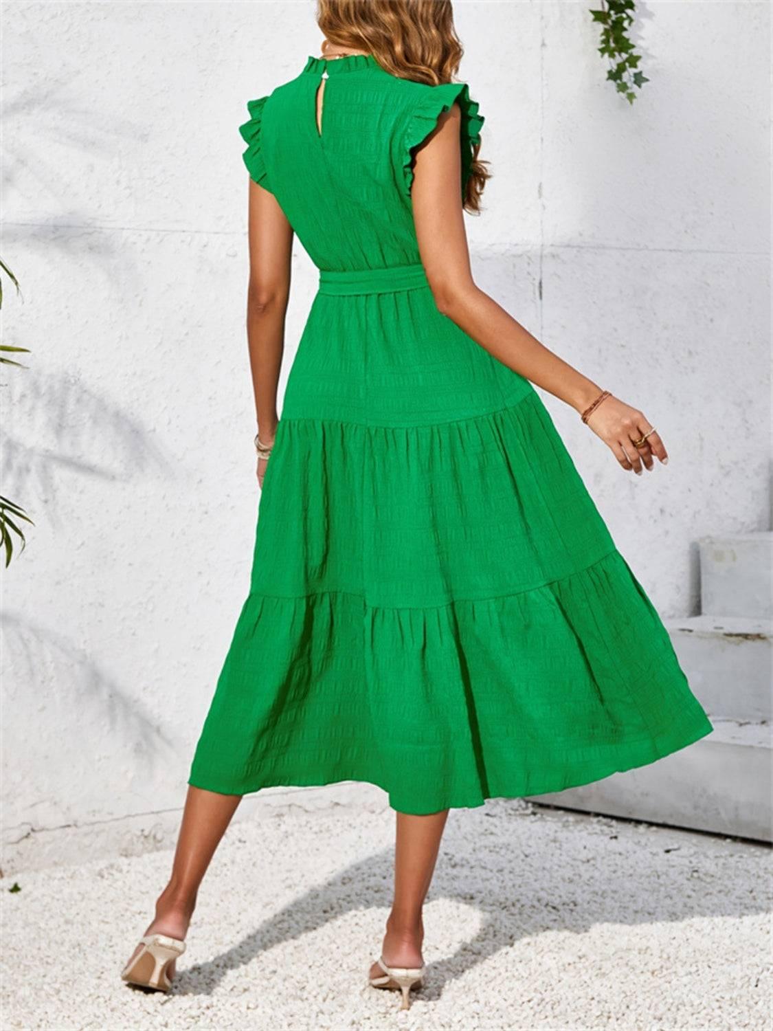 Frill Mock Neck Ruffled Cap Sleeve Midi Dress