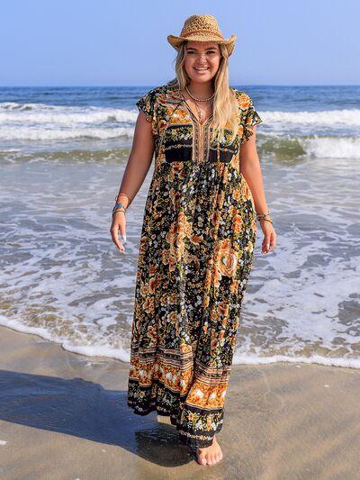 Plus Size Printed V-Neck Ruffle Cap Sleeve Maxi Dress